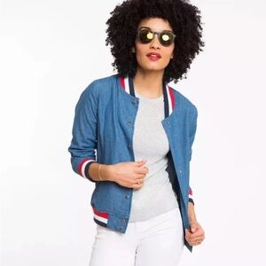 Marine Layer Blue Bomber Jacket with Red and White Accents